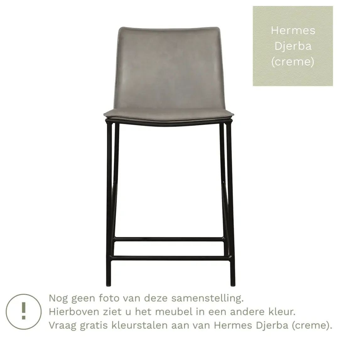 afbeelding van Leren barkruk laag Favor - Hermes Djerba (creme) - poten staal rond zwart